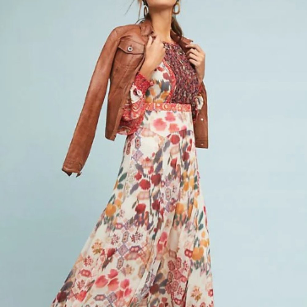 Anthropologie Floral Maxi Dress in Cream, Red, Orange and Green